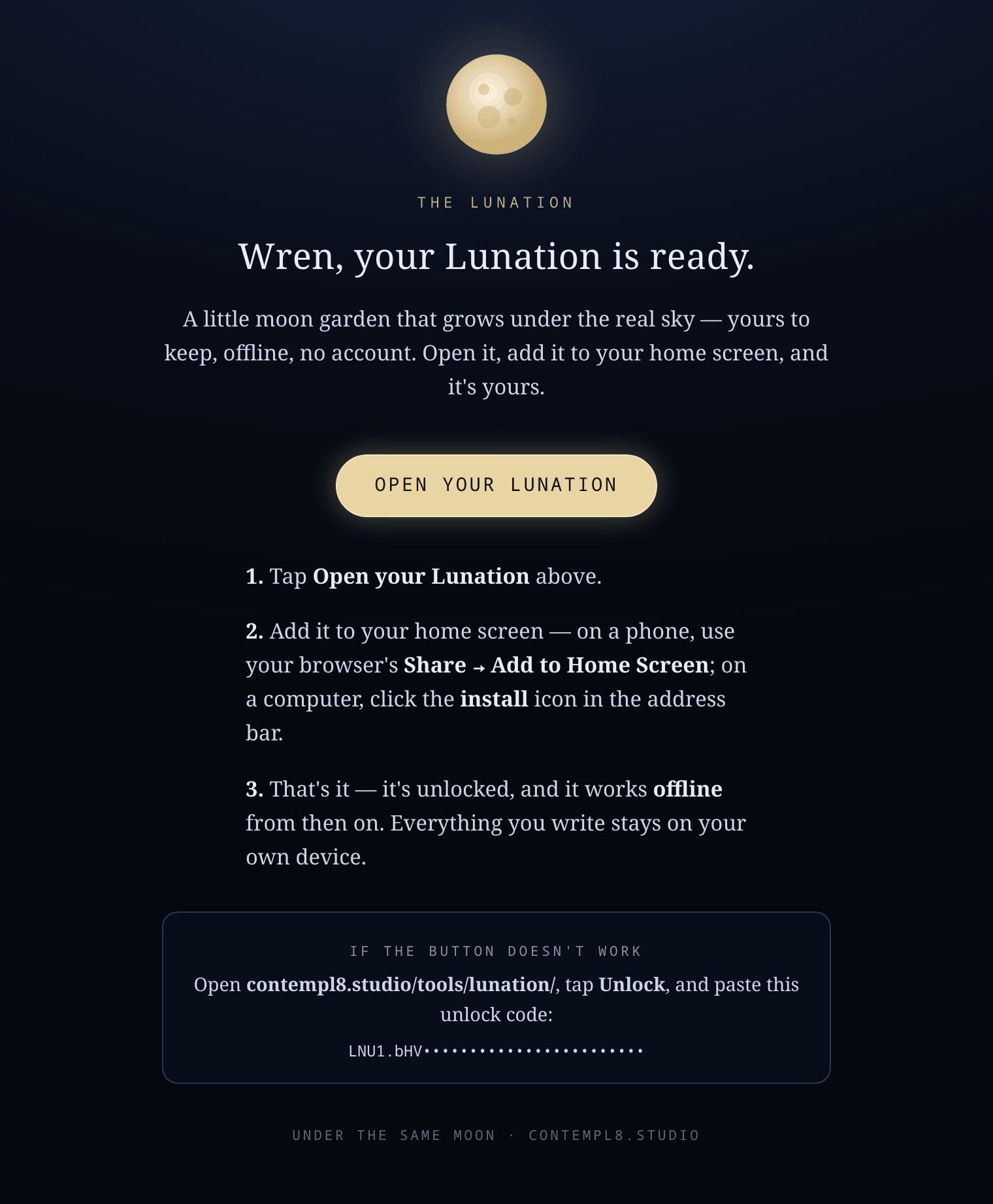 The welcome file a buyer receives, with a personalized greeting and an unlock code